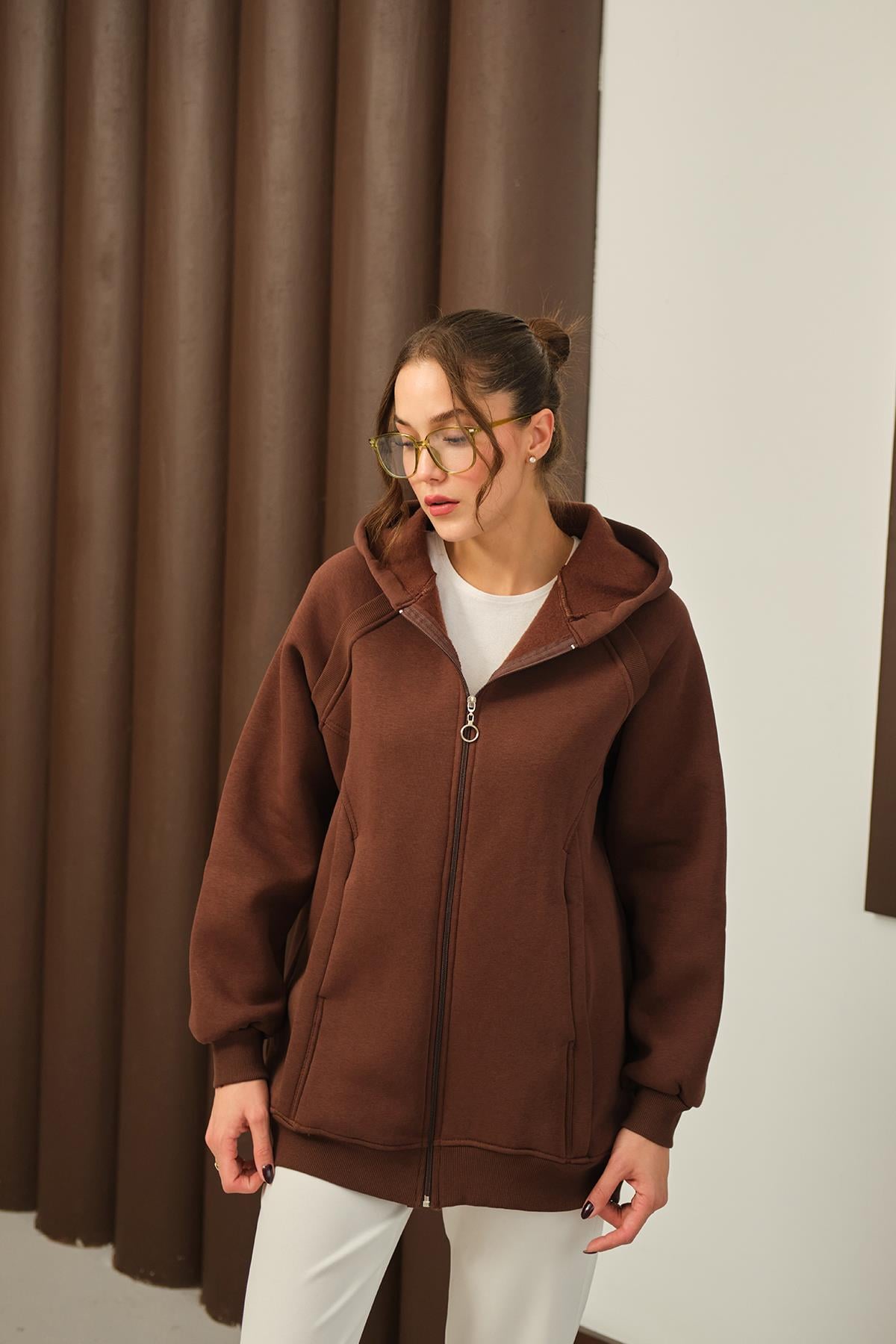 Süveter Detay Kapüşonlu Hırka Kahverengi