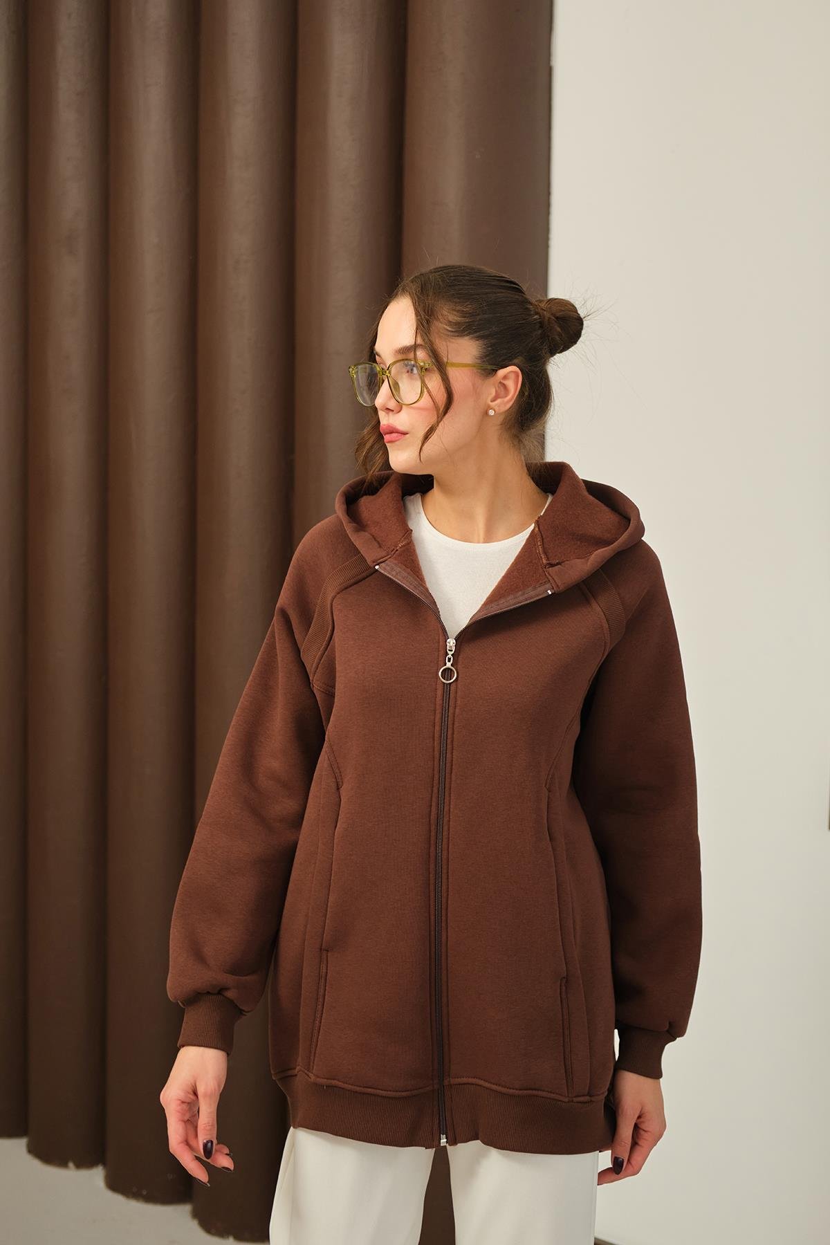 Süveter Detay Kapüşonlu Hırka Kahverengi