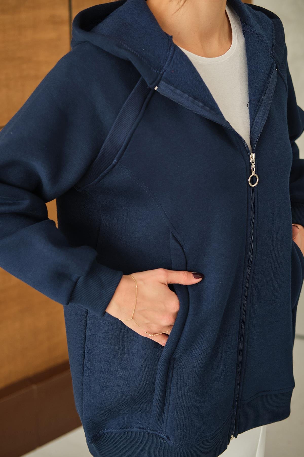 Süveter Detay Kapüşonlu Hırka Lacivert