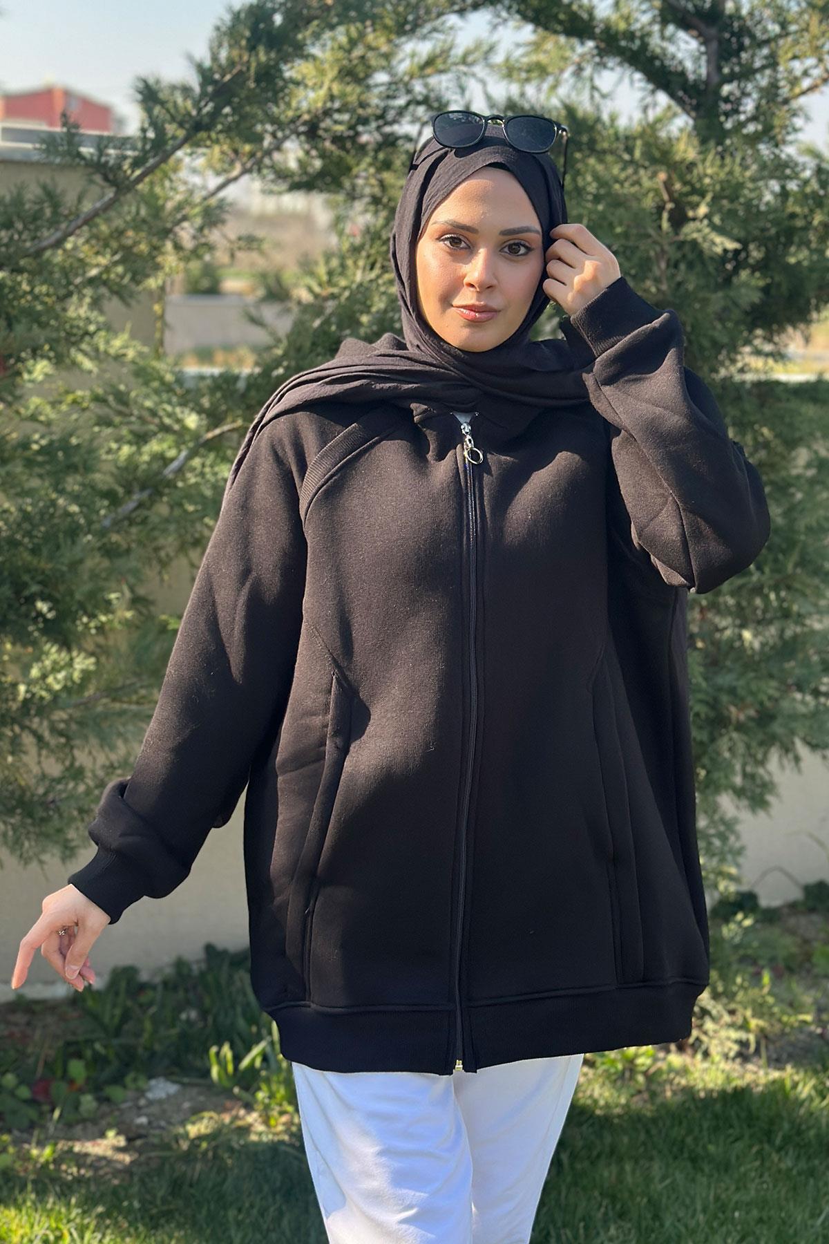 Süveter Detay Kapüşonlu Hırka Siyah