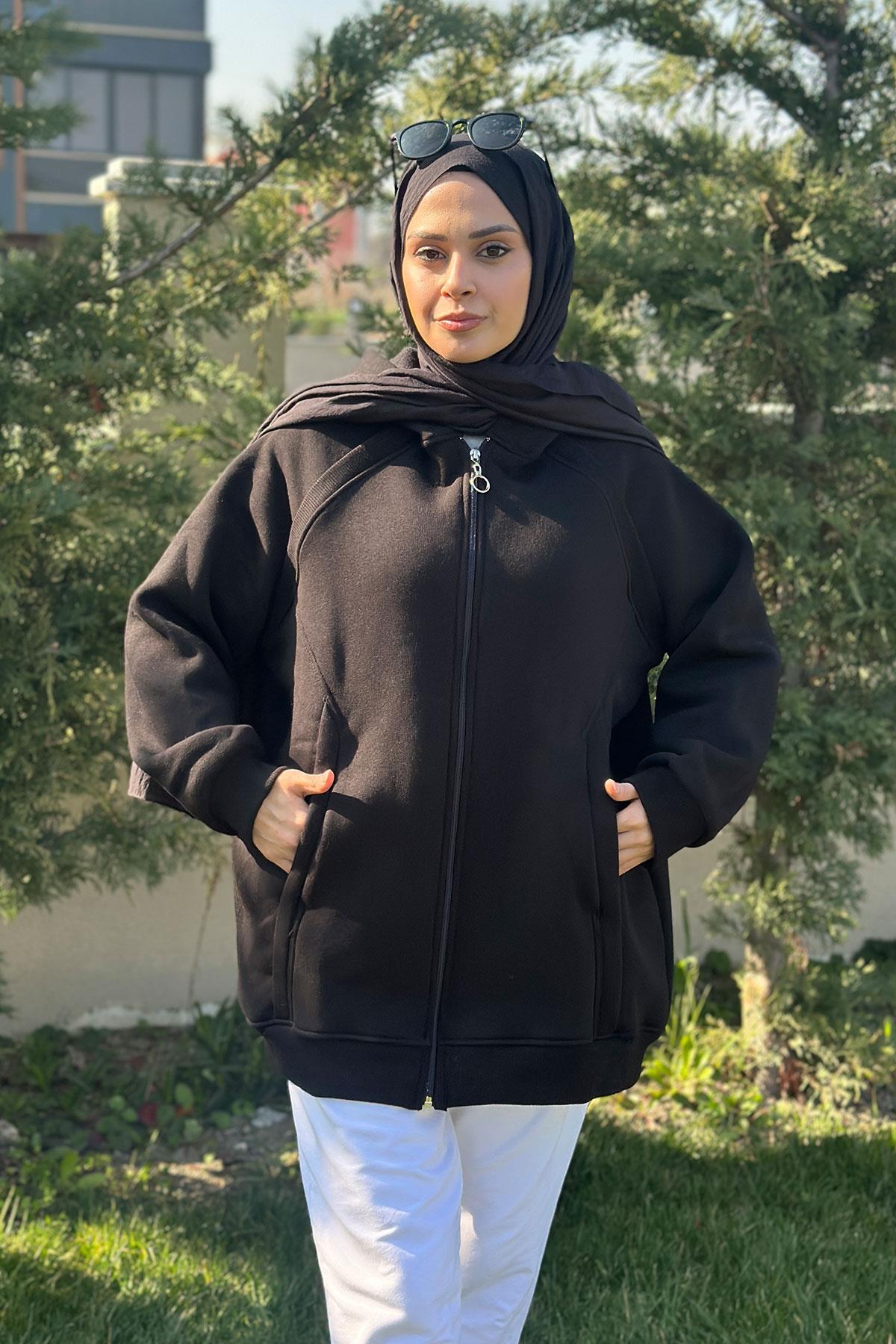 Süveter Detay Kapüşonlu Hırka Siyah