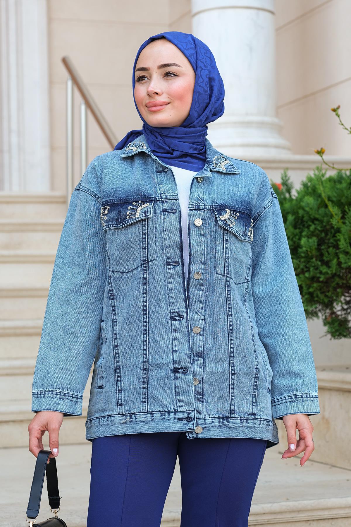 Taş Aksesuarlı Kot Ceket  Buz Mavi
