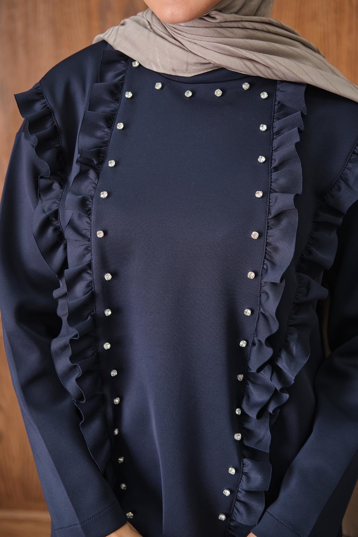 Taş Aksesuarlı Takım Lacivert