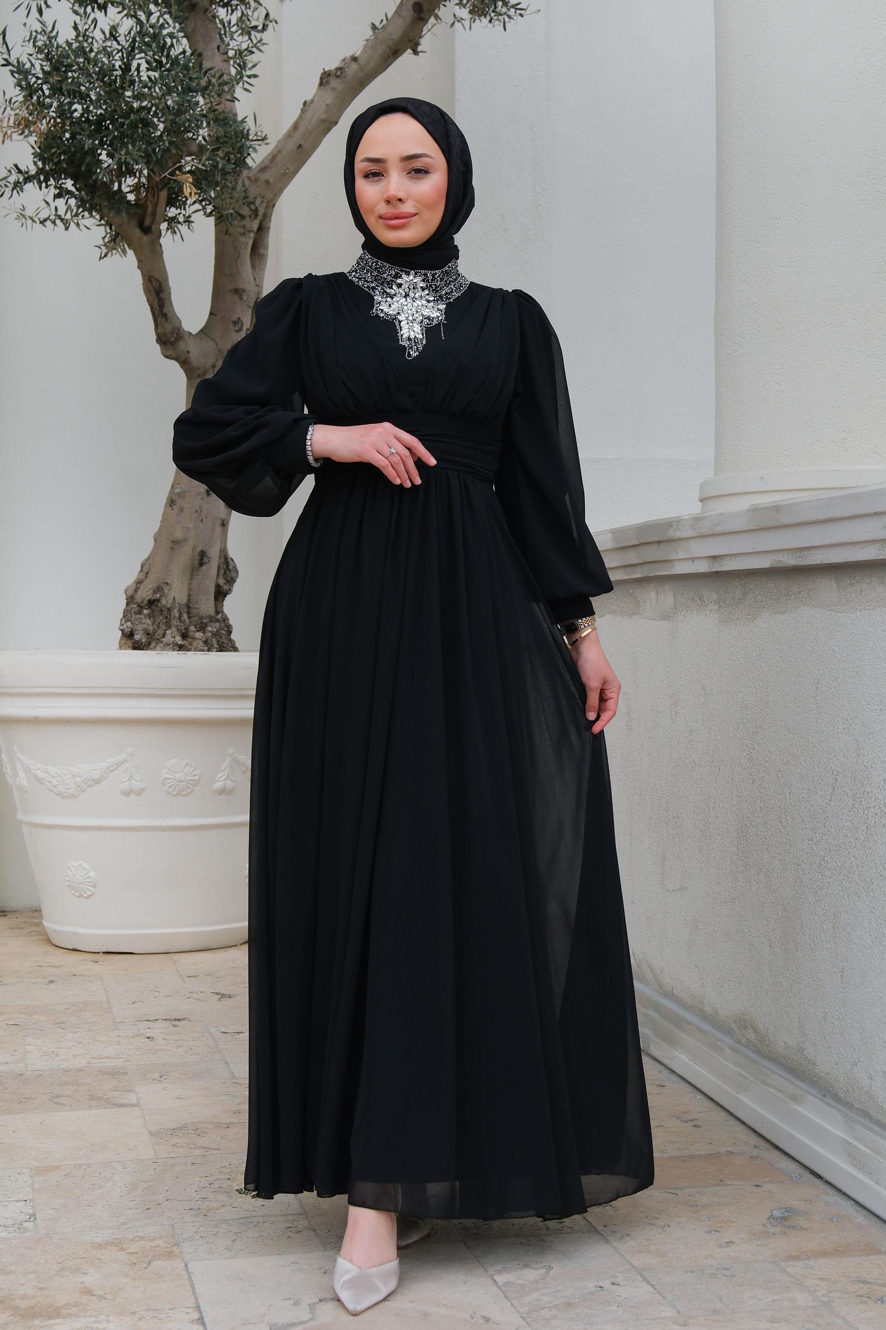 Taş Aksesuarlı Tul Abiye Siyah