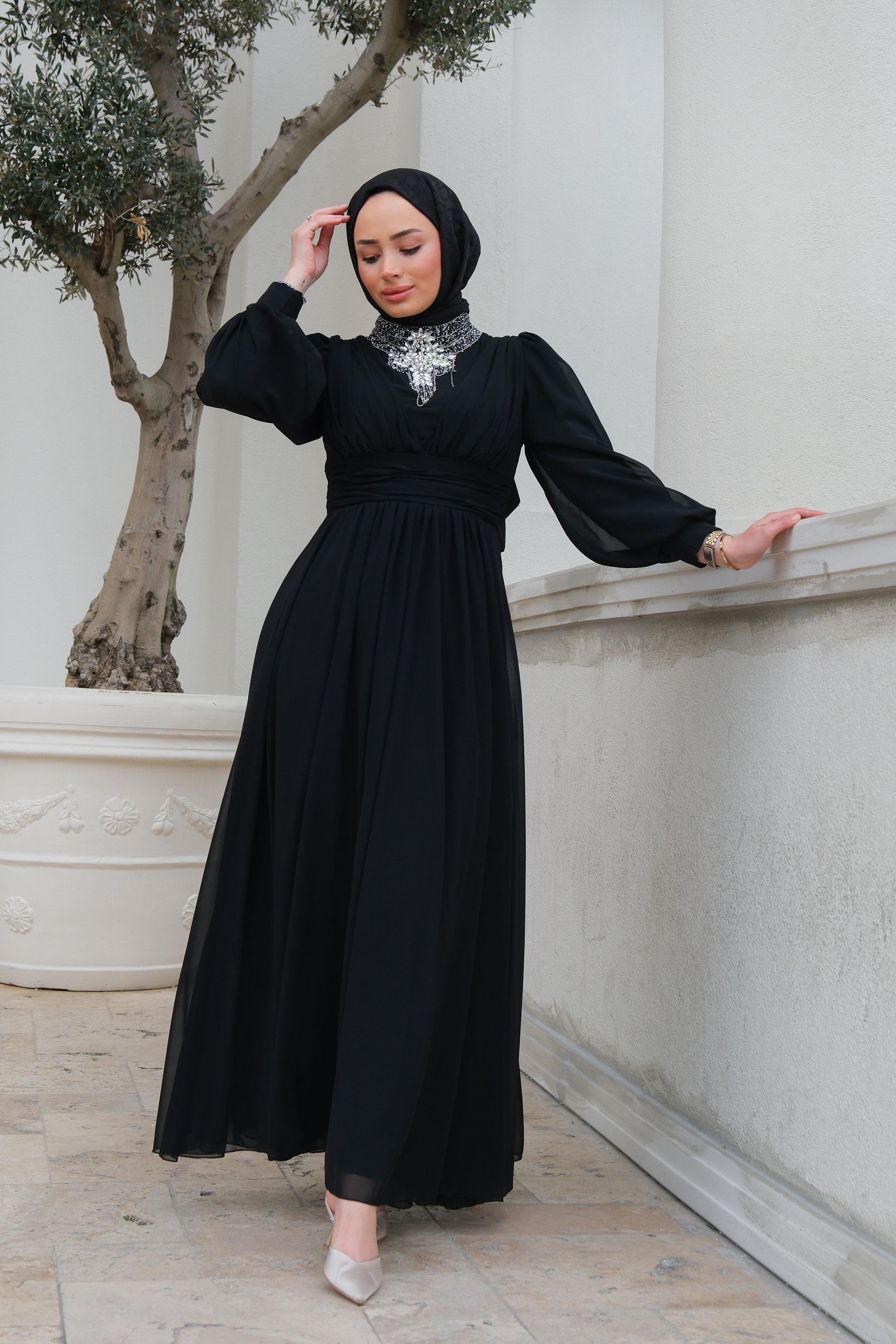 Taş Aksesuarlı Tul Abiye Siyah