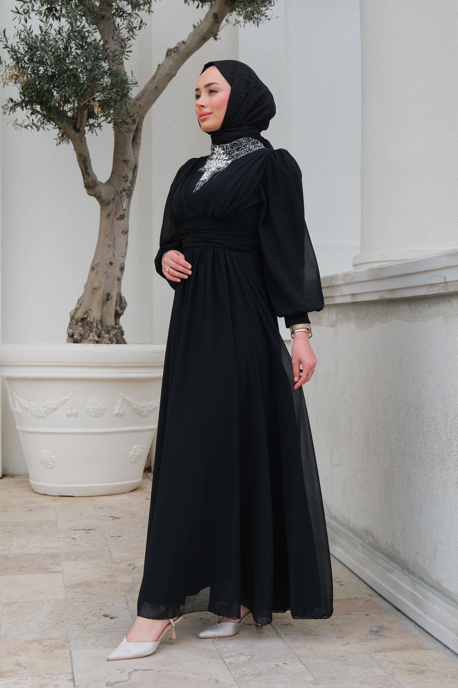 Taş Aksesuarlı Tul Abiye Siyah