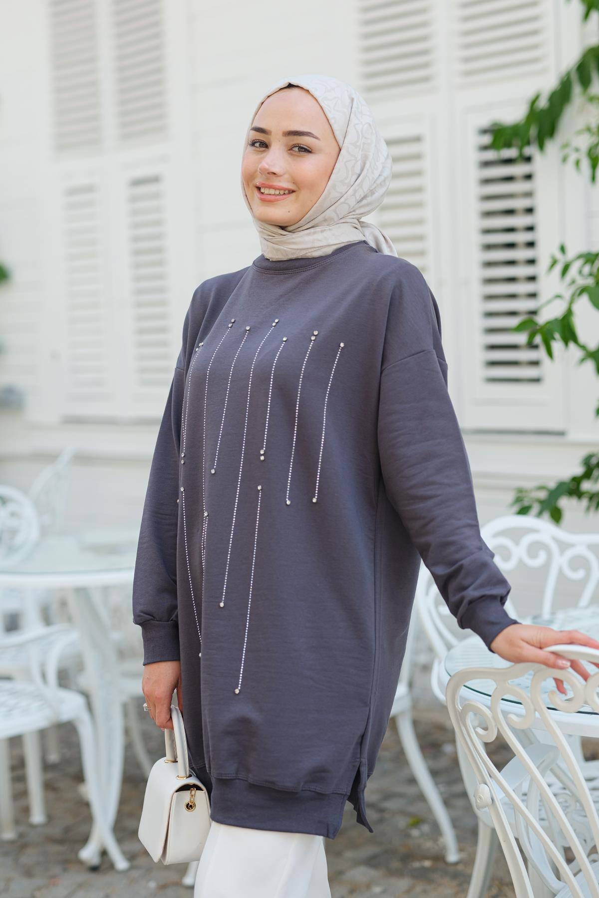 Taş Aksesuarlı Tunik Antrasit