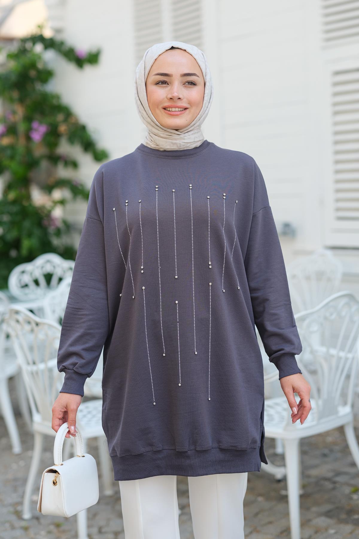 Taş Aksesuarlı Tunik Antrasit