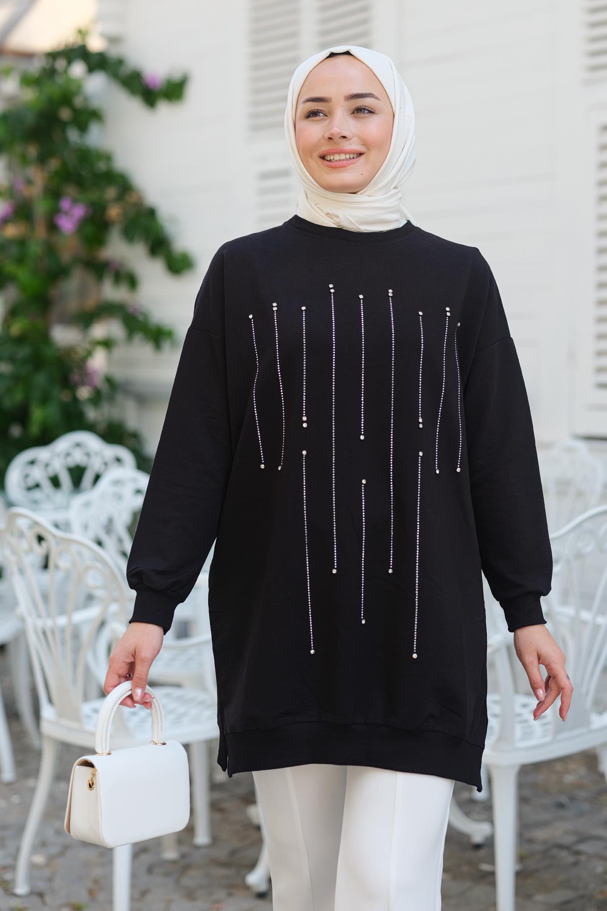 Taş Aksesuarlı Tunik Siyah