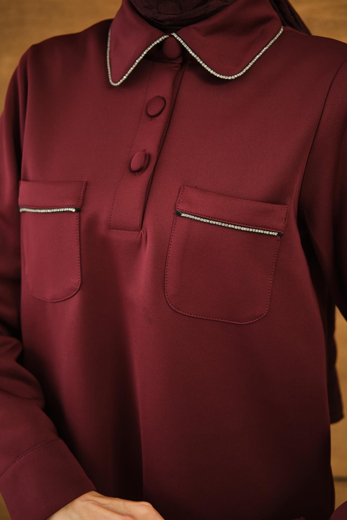 Taş Detay Cepli Takım Bordo