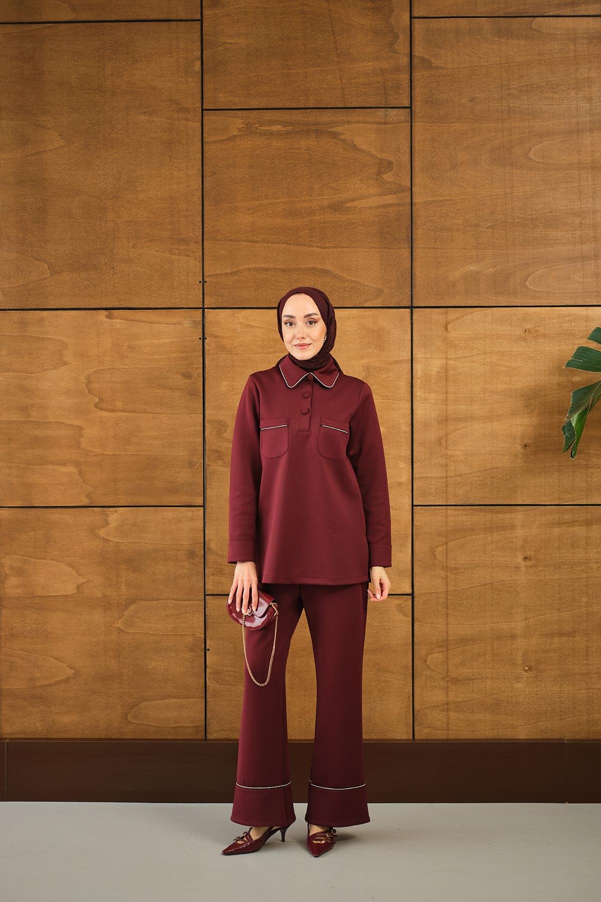 Taş Detay Cepli Takım Bordo