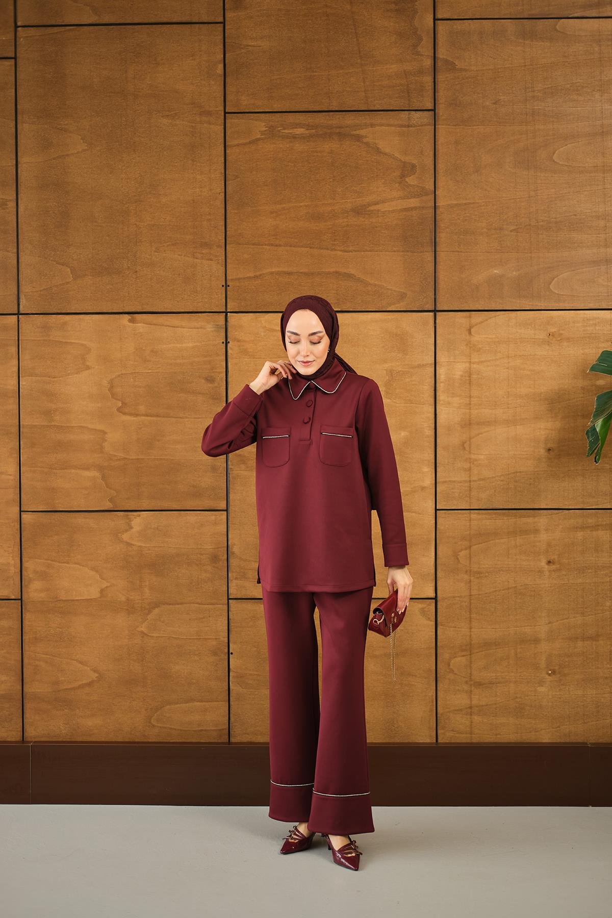 Taş Detay Cepli Takım Bordo