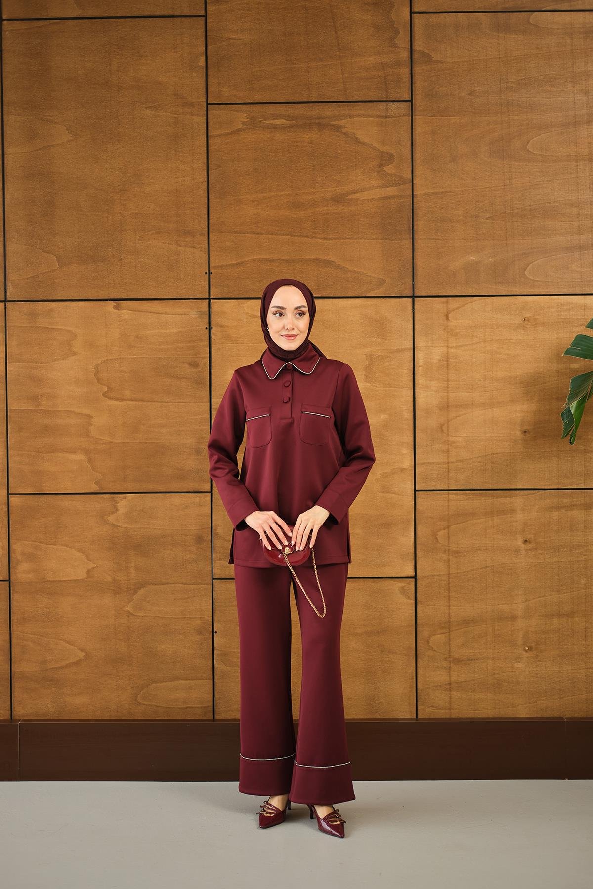 Taş Detay Cepli Takım Bordo