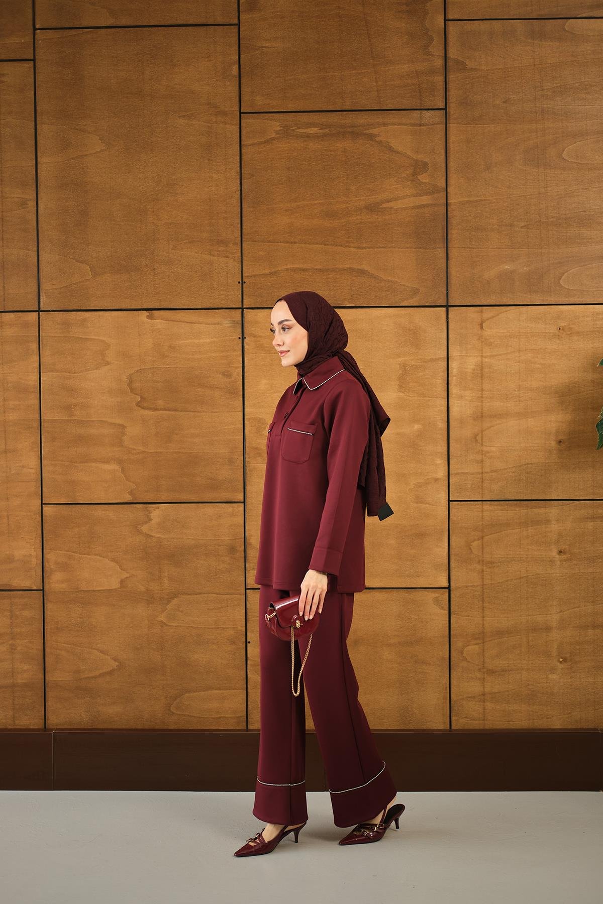 Taş Detay Cepli Takım Bordo