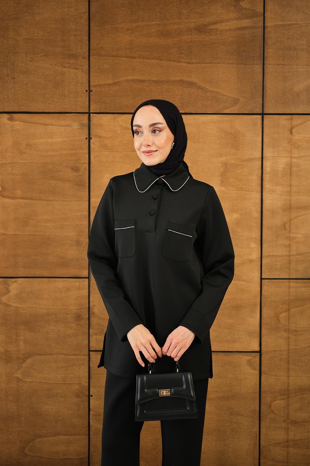 Taş Detay Cepli Takım Siyah