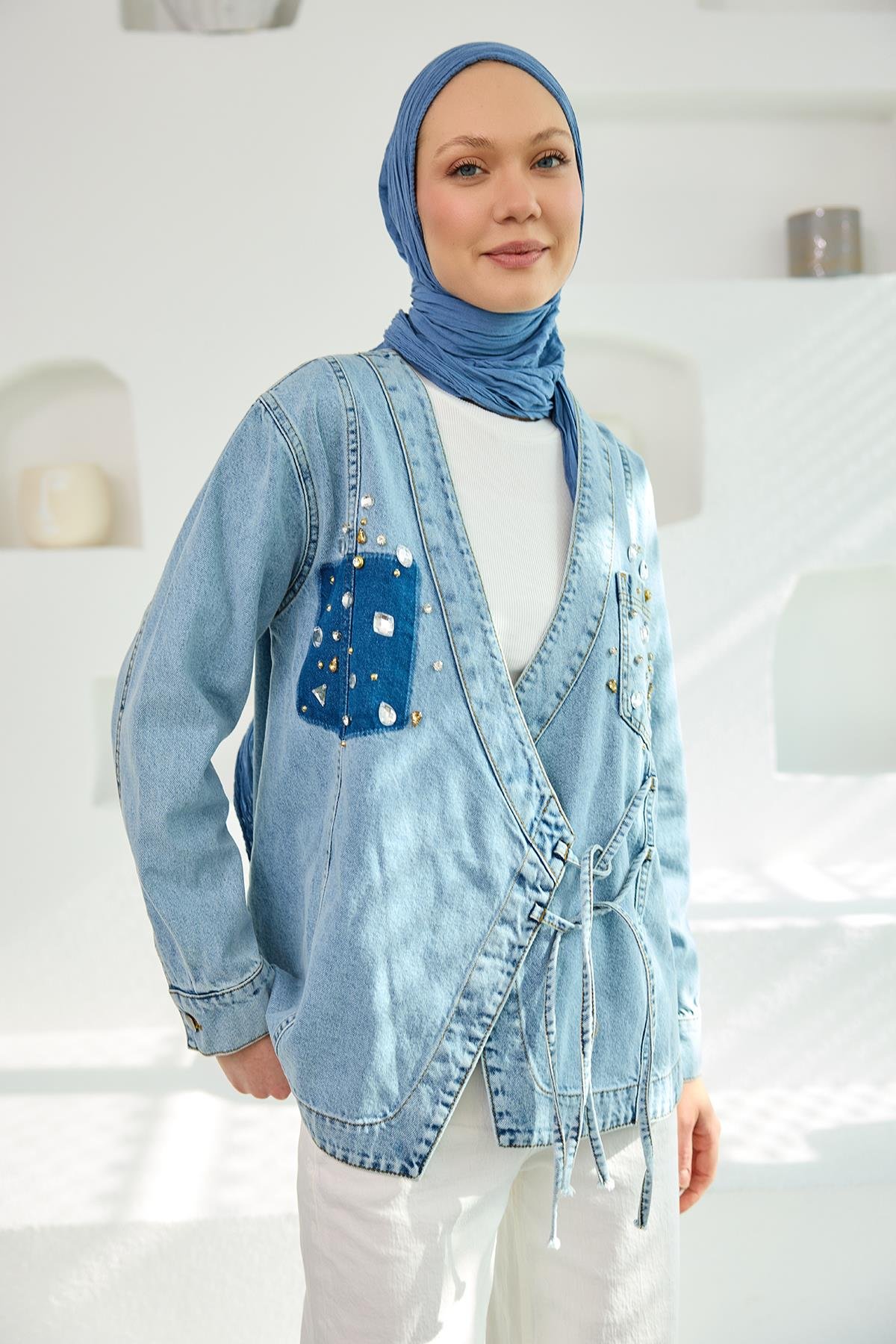 Taş Detay Kot Kimono Mavi