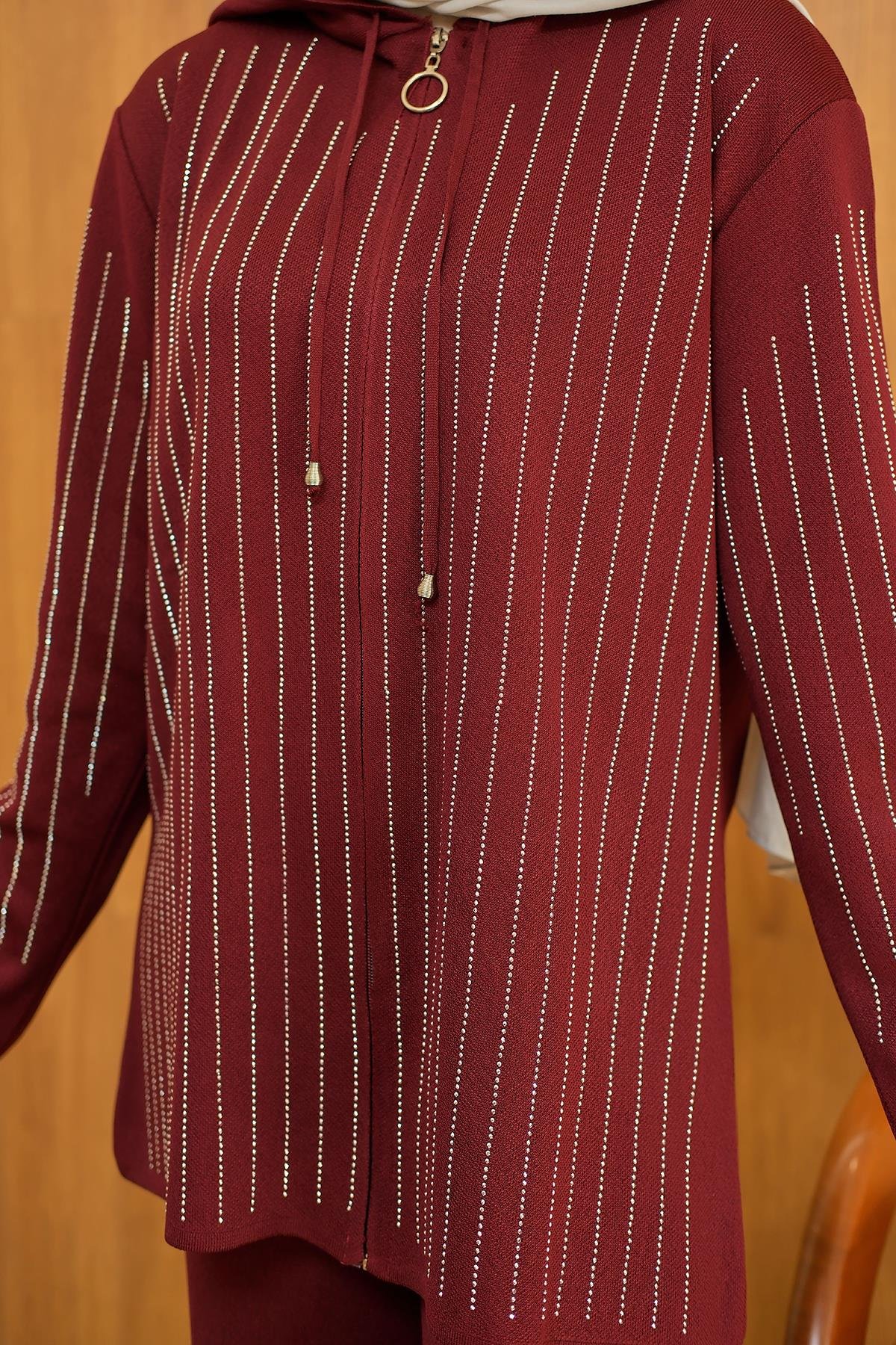 Taş Detay Triko Takım Bordo