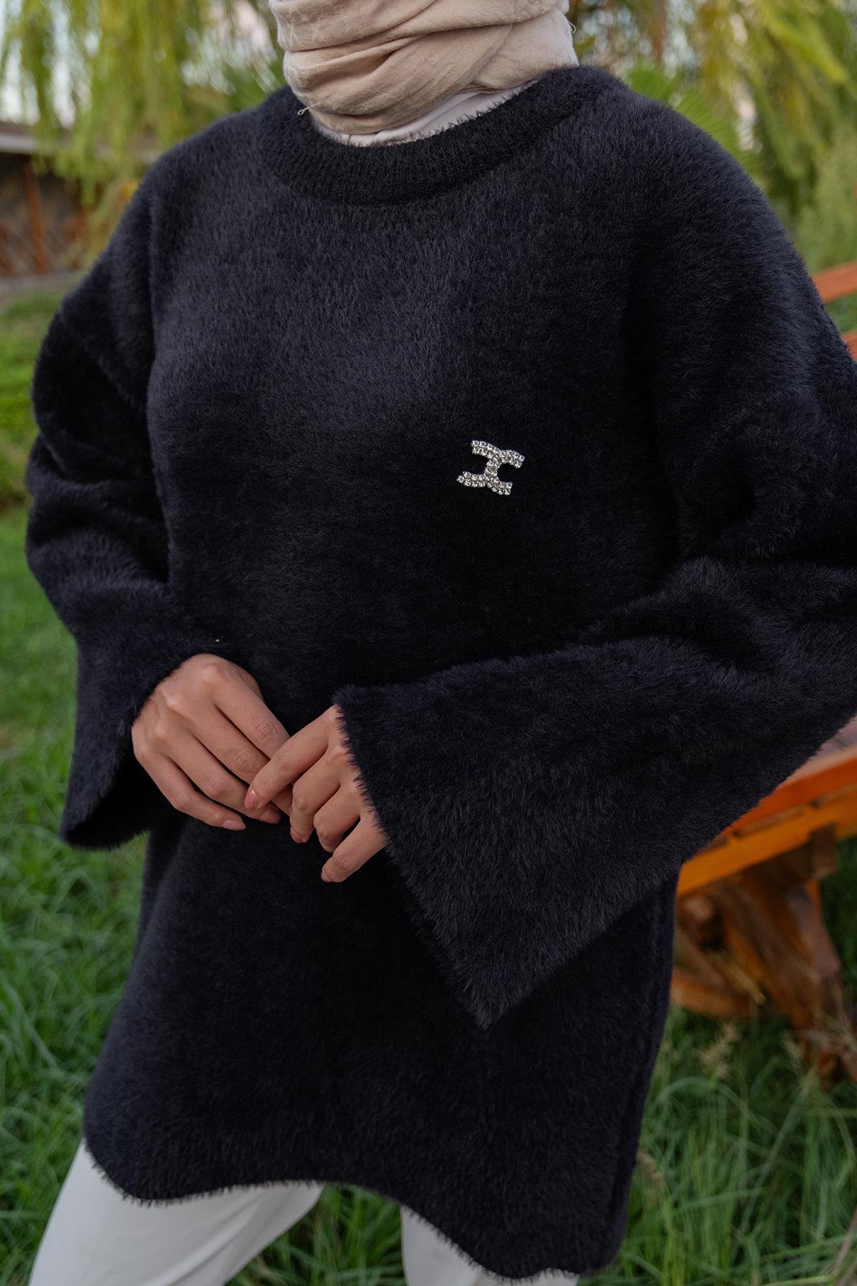 Taş Detay Triko Tunik Siyah