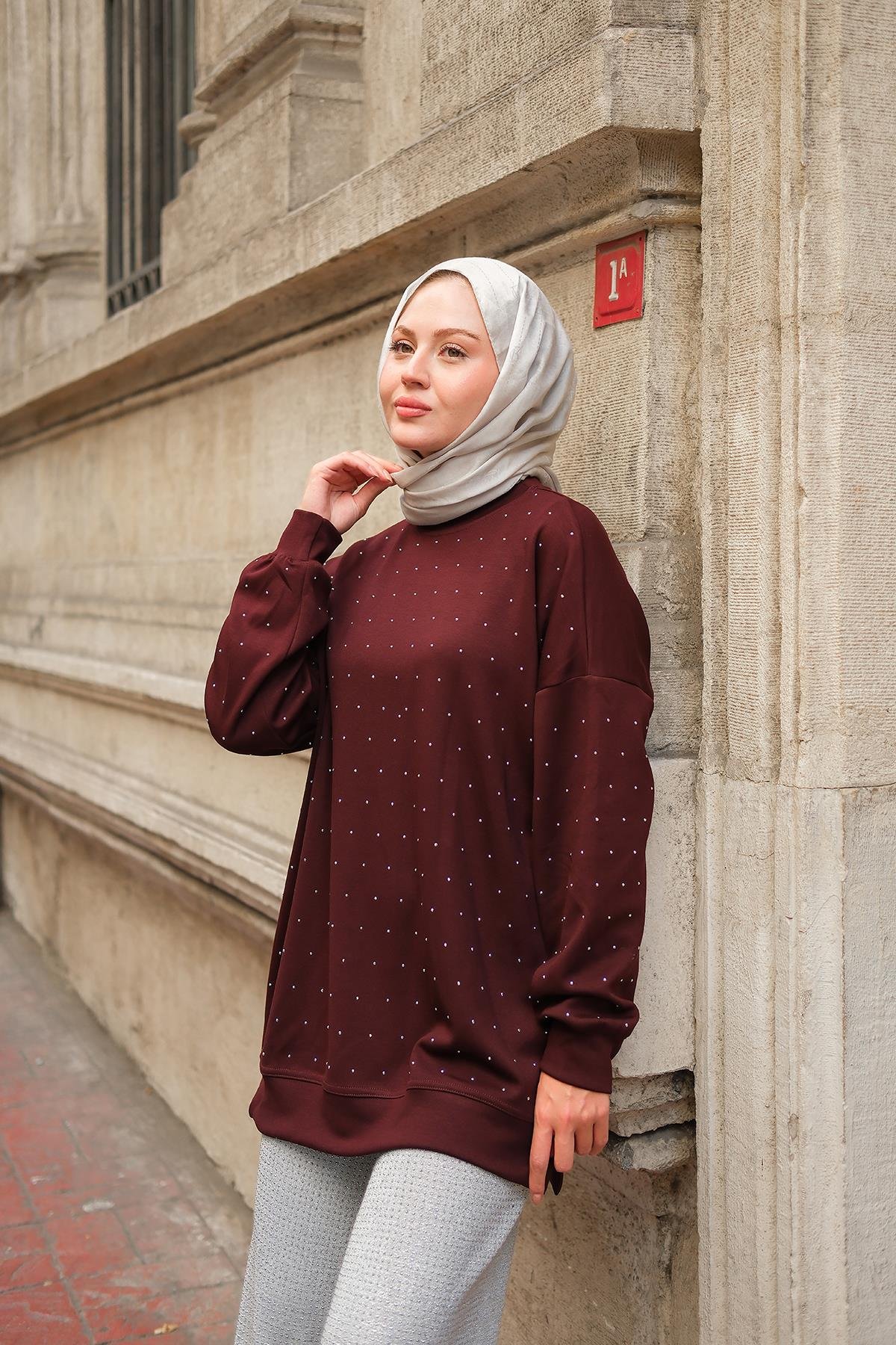 Taş Detay Tunik Bordo