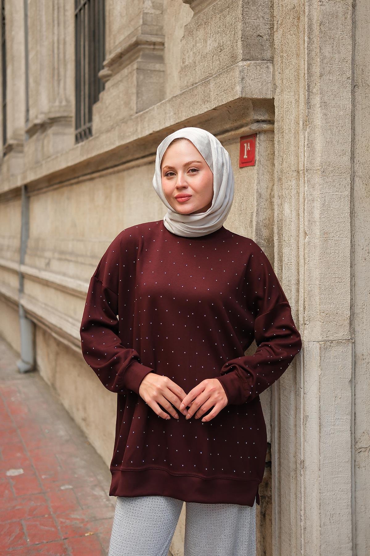 Taş Detay Tunik Bordo