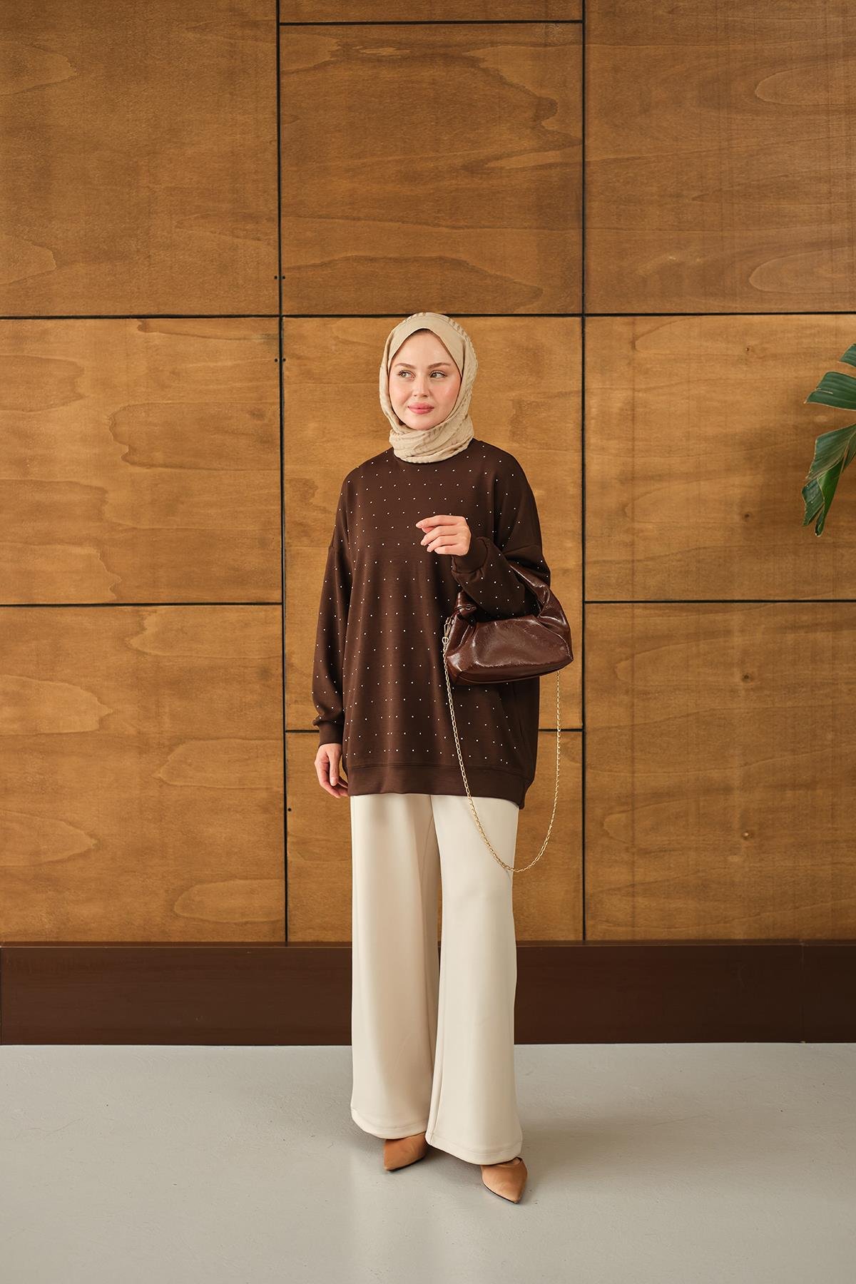 Taş Detay Tunik Kahverengi