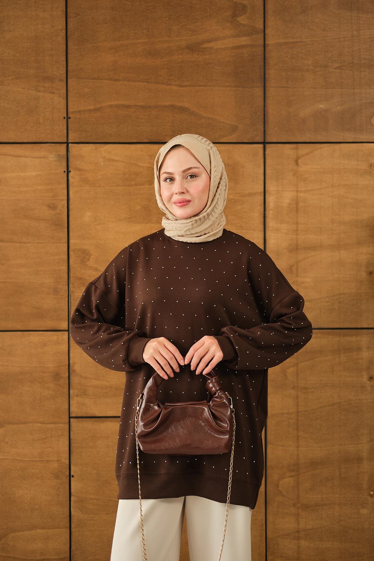 Taş Detay Tunik Kahverengi