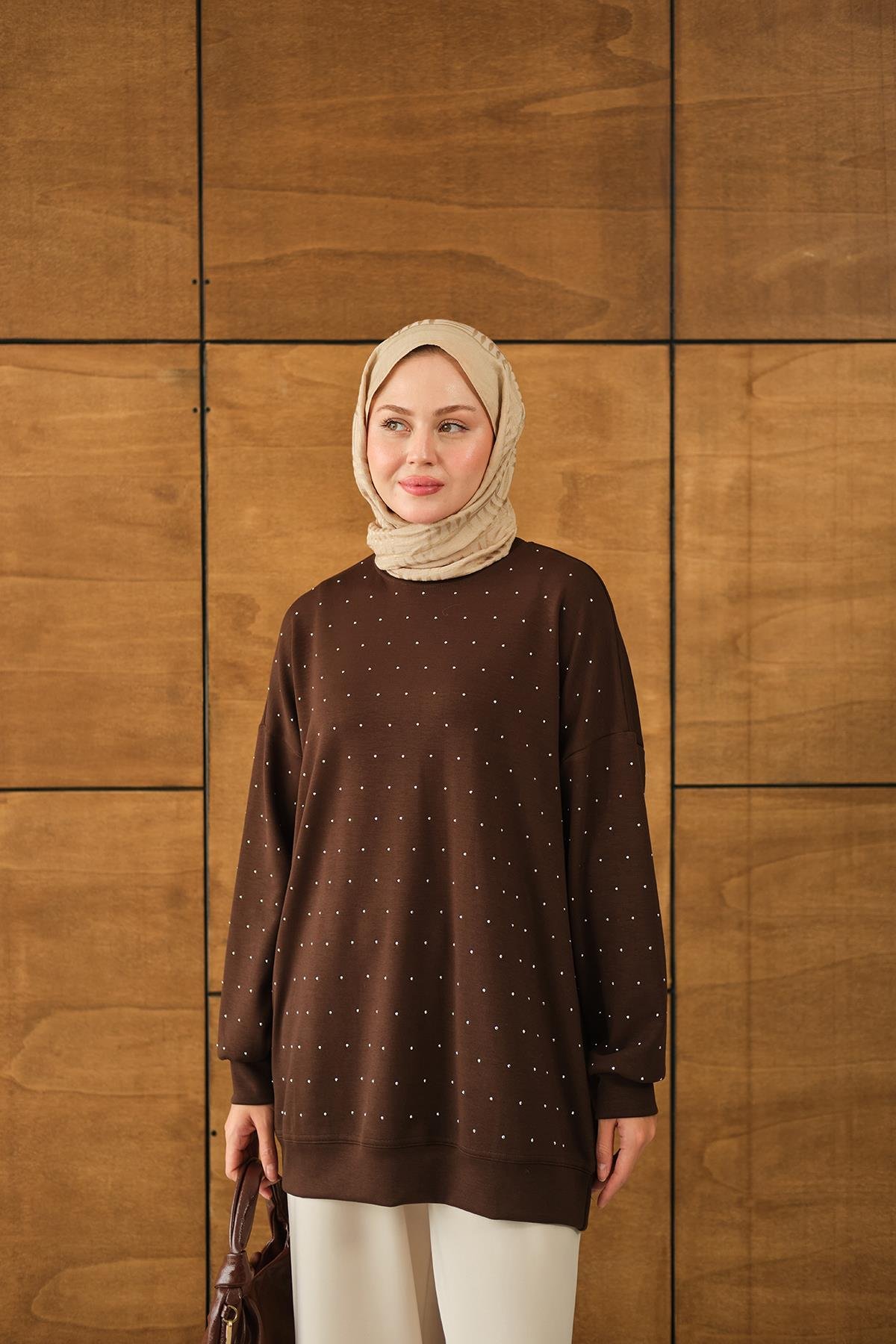 Taş Detay Tunik Kahverengi