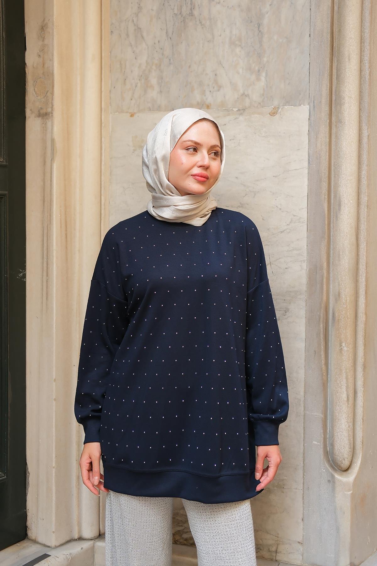 Taş Detay Tunik Lacivert