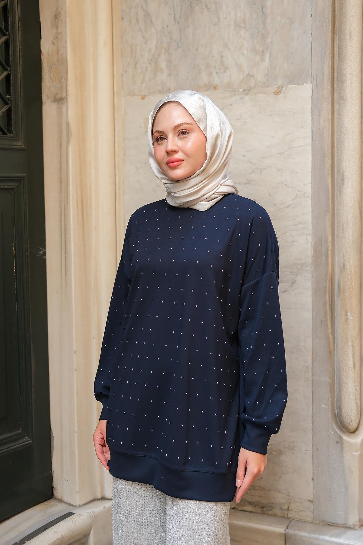 Taş Detay Tunik Lacivert