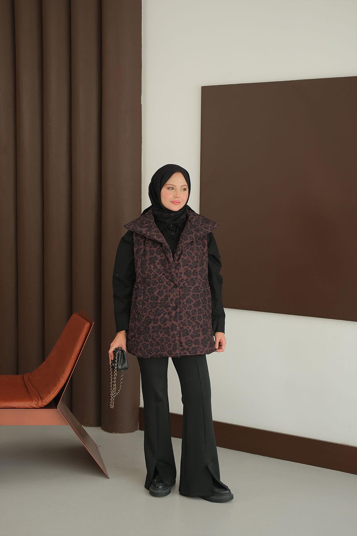 Taş Detay Yelek Kahverengi