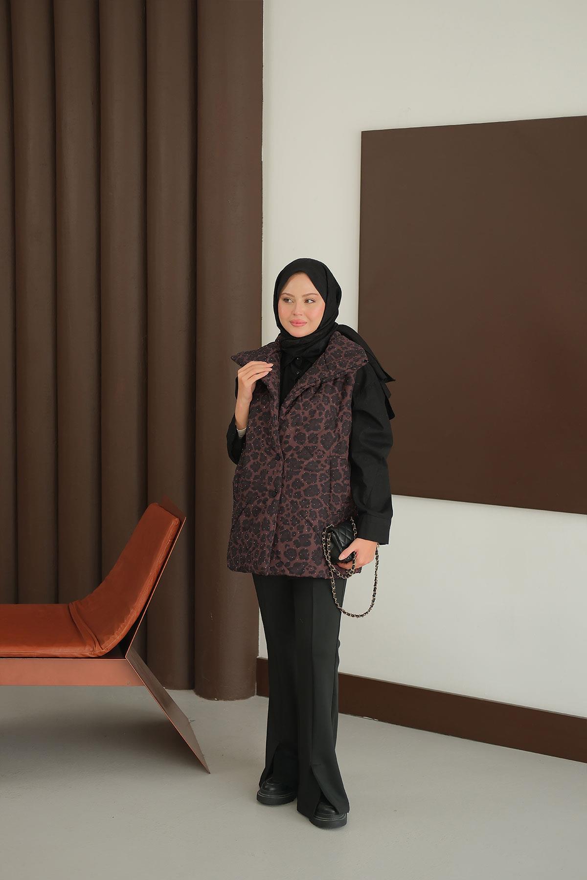 Taş Detay Yelek Kahverengi