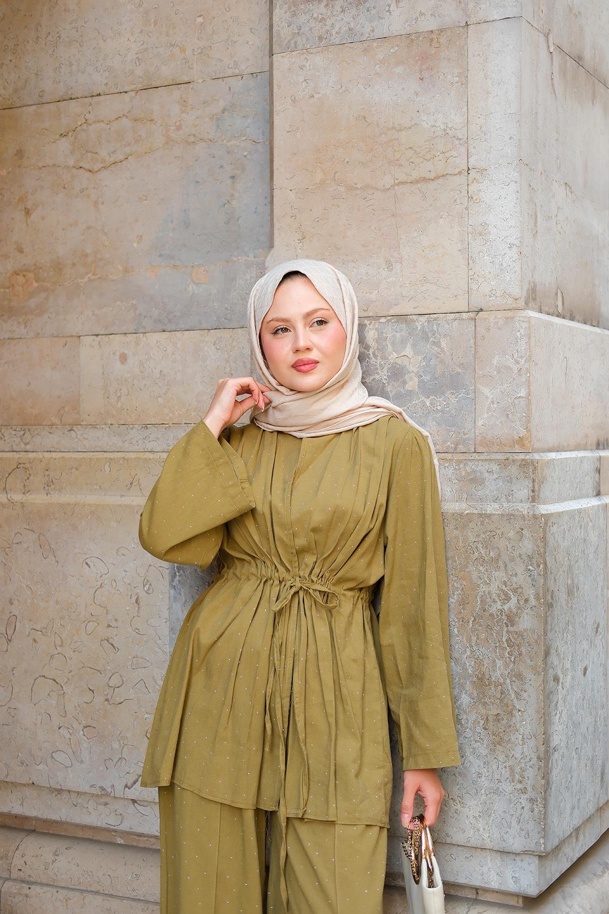 Taş Detaylı İkili Takım Yağ Yeşil