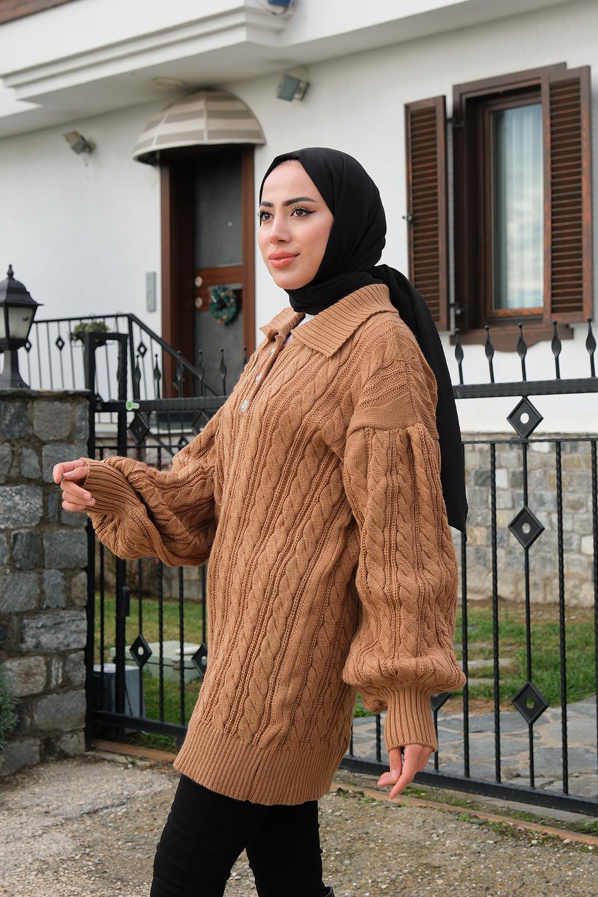 Taş Düğme Detay Örgülü Kazak Vizon