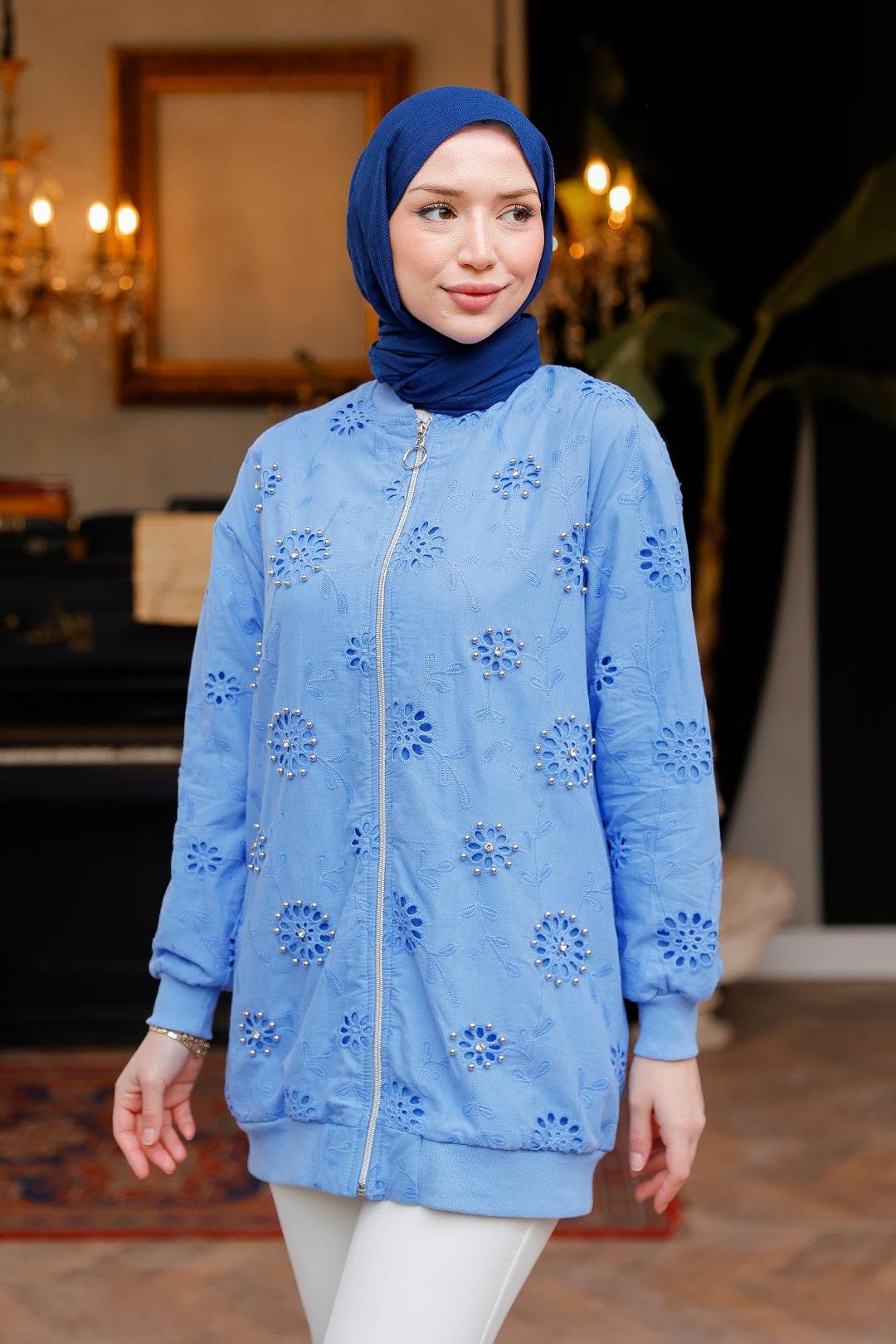 Taş İşlemeli Brode Hırka Mavi