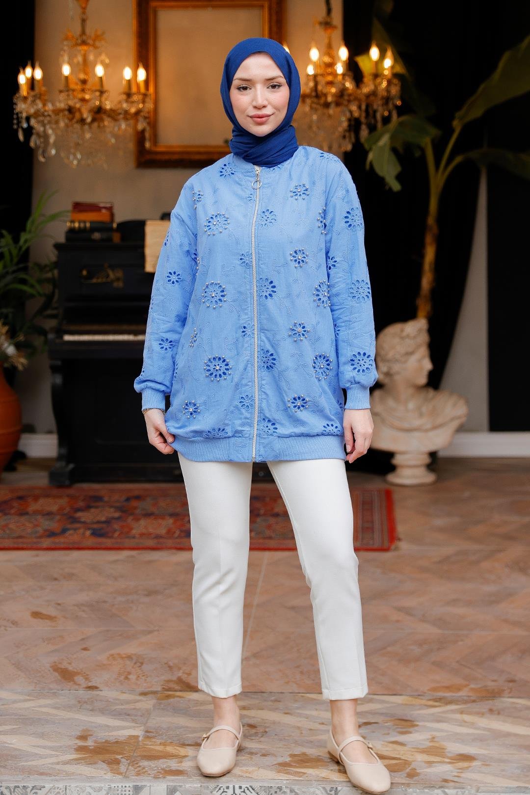 Taş İşlemeli Brode Hırka Mavi