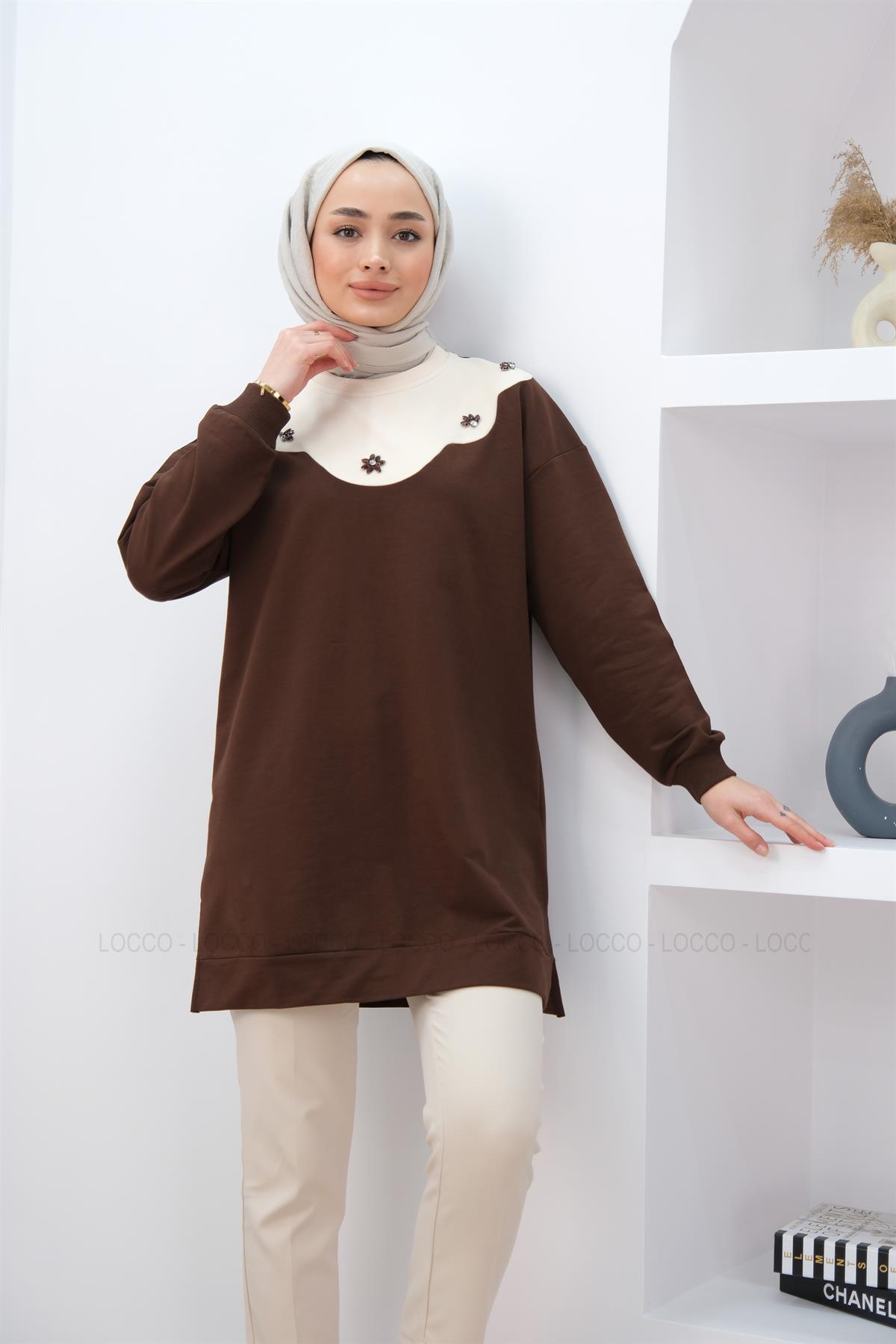 TAS ISLEMELI TUNIK KAHVERENGI
