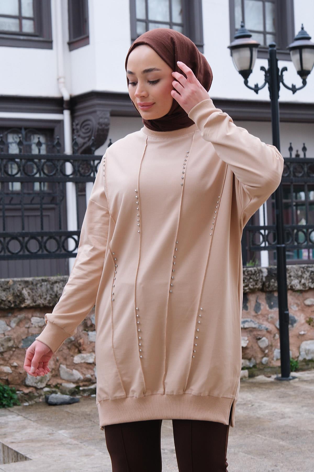 Taş İşlemeli Tunik Krem