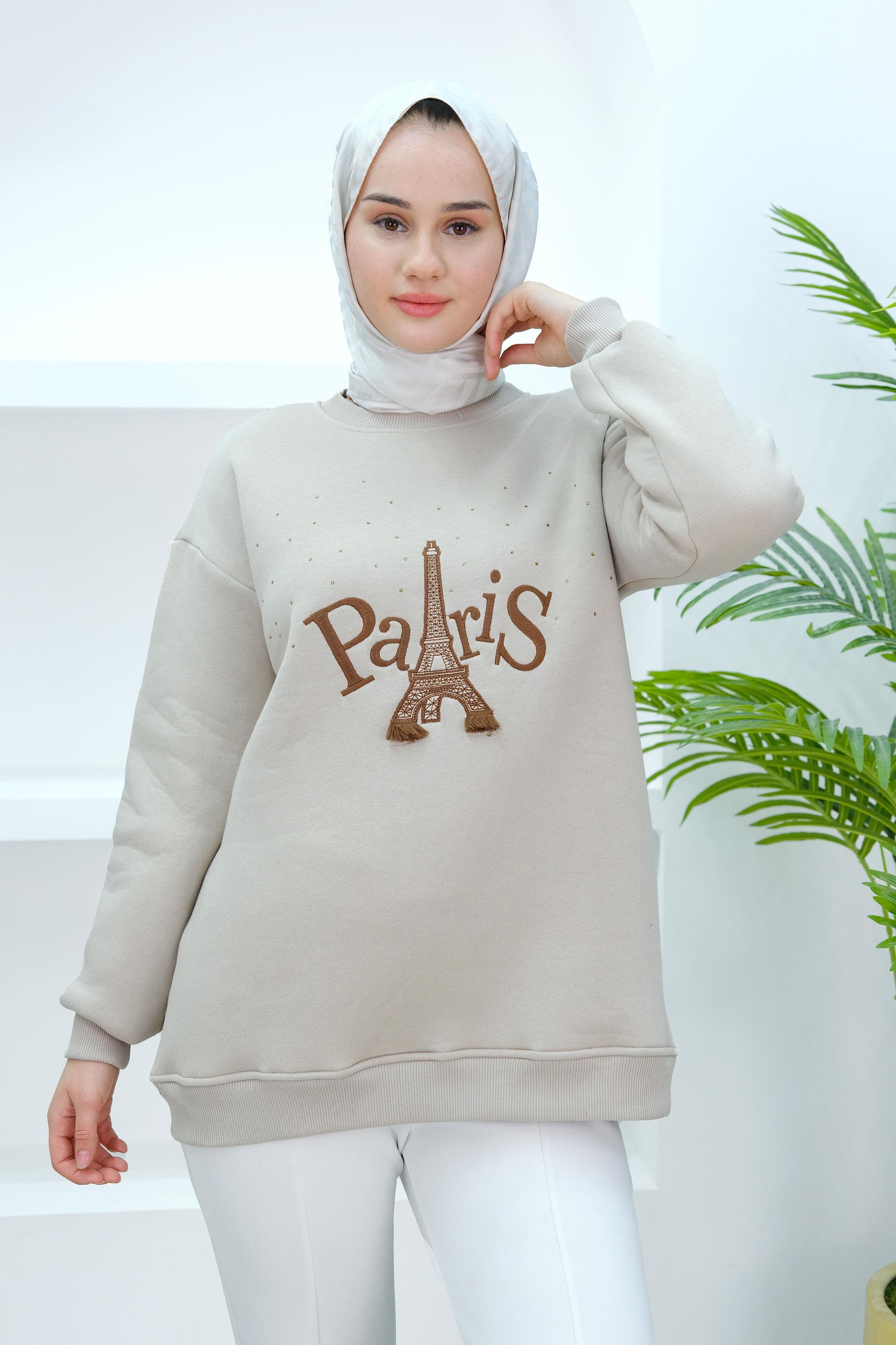 Taş Ve Nakış Detaylı Oversize Sweat Krem