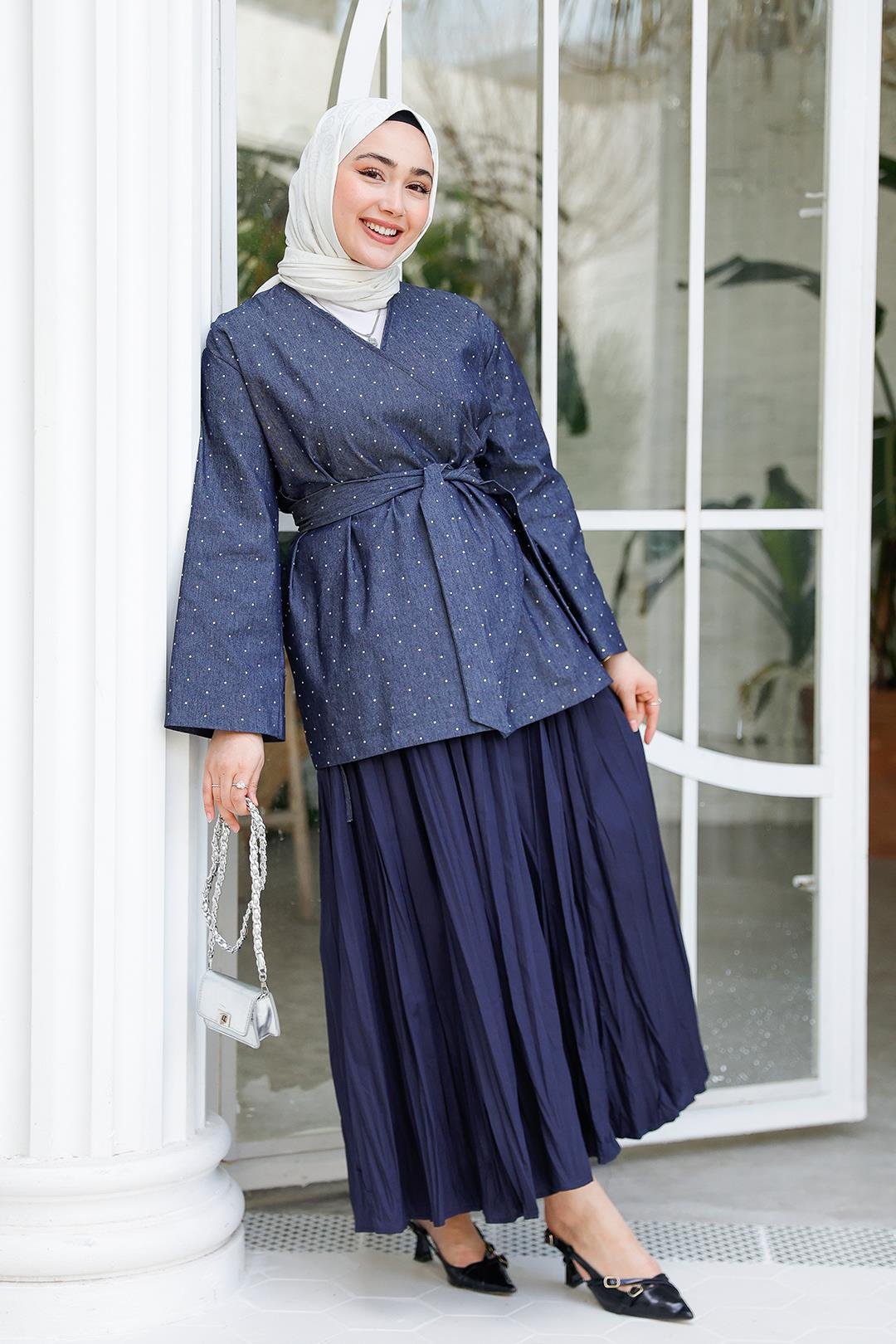 Taş Ve Yan Detaylı Kot Ceket Lacivert