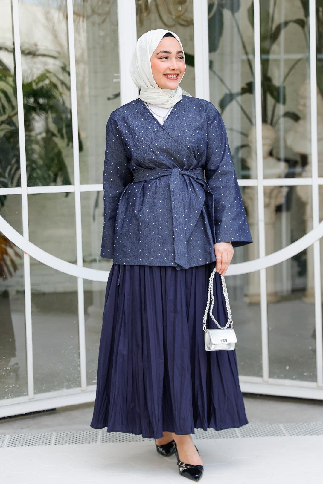 Taş Ve Yan Detaylı Kot Ceket Lacivert