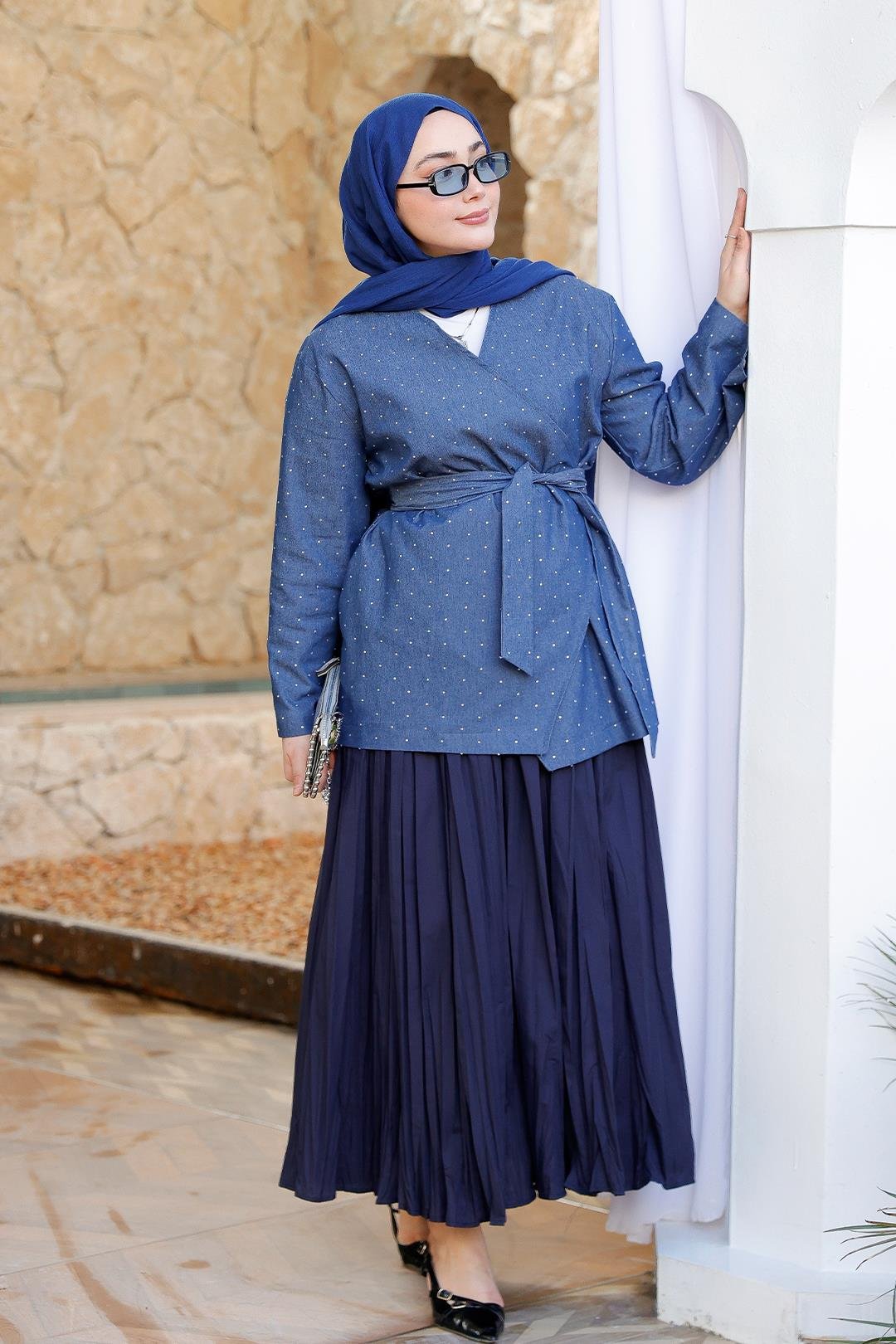 Taş Ve Yan Detaylı Kot Ceket Mavi