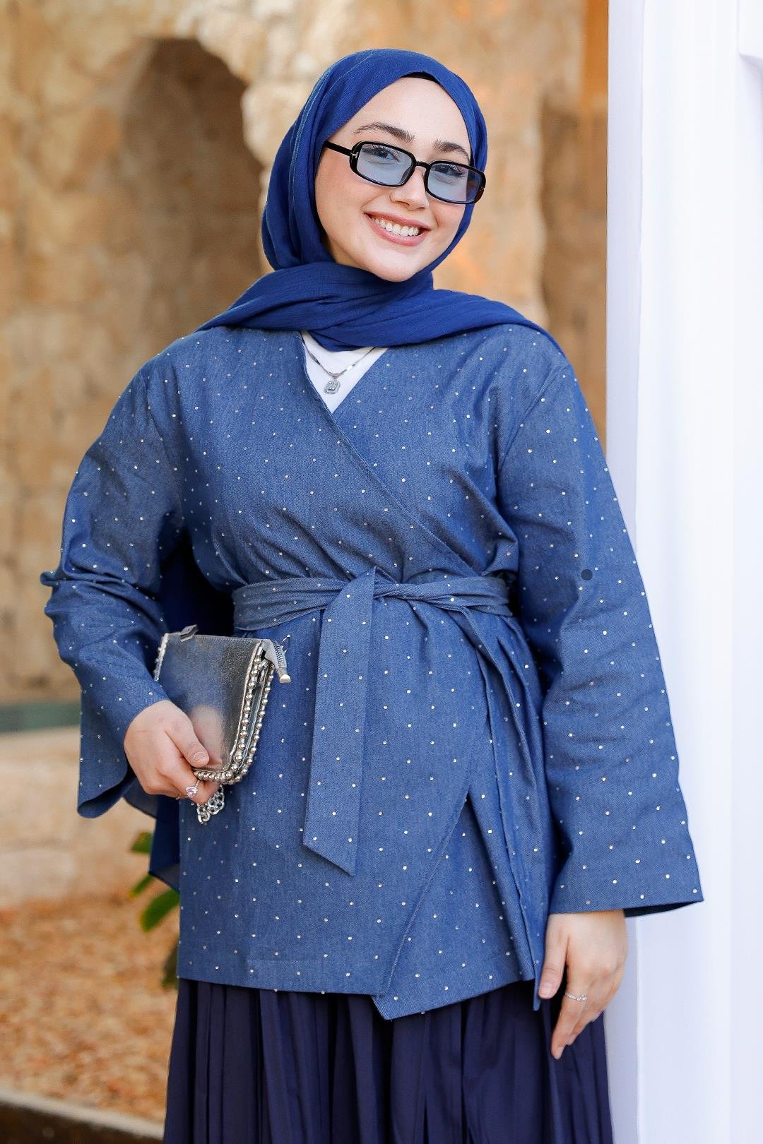 Taş Ve Yan Detaylı Kot Ceket Mavi