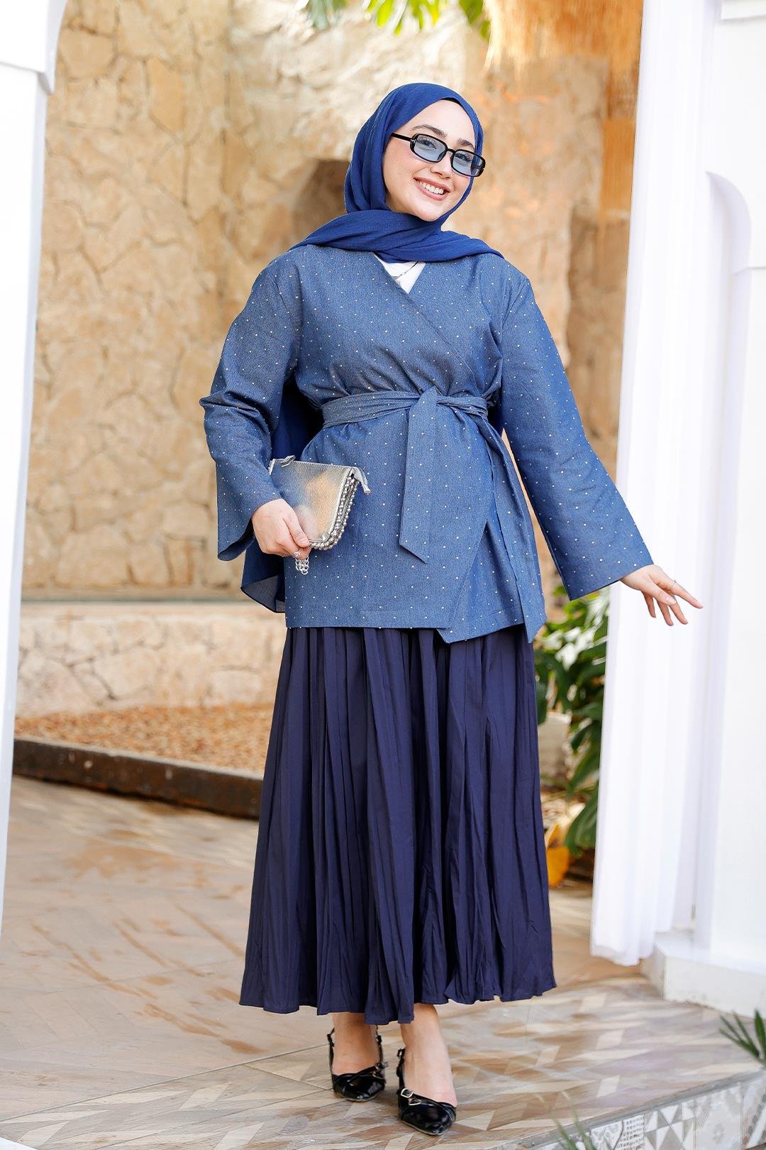 Taş Ve Yan Detaylı Kot Ceket Mavi