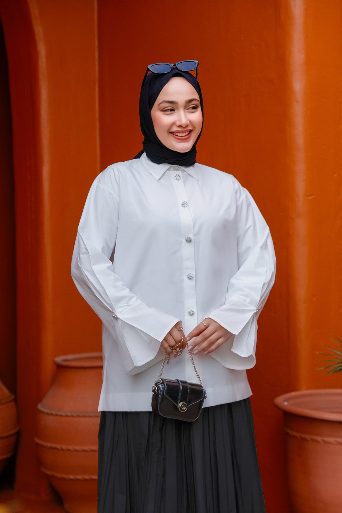 Tasarım Düğme Detaylı Gömlek Beyaz