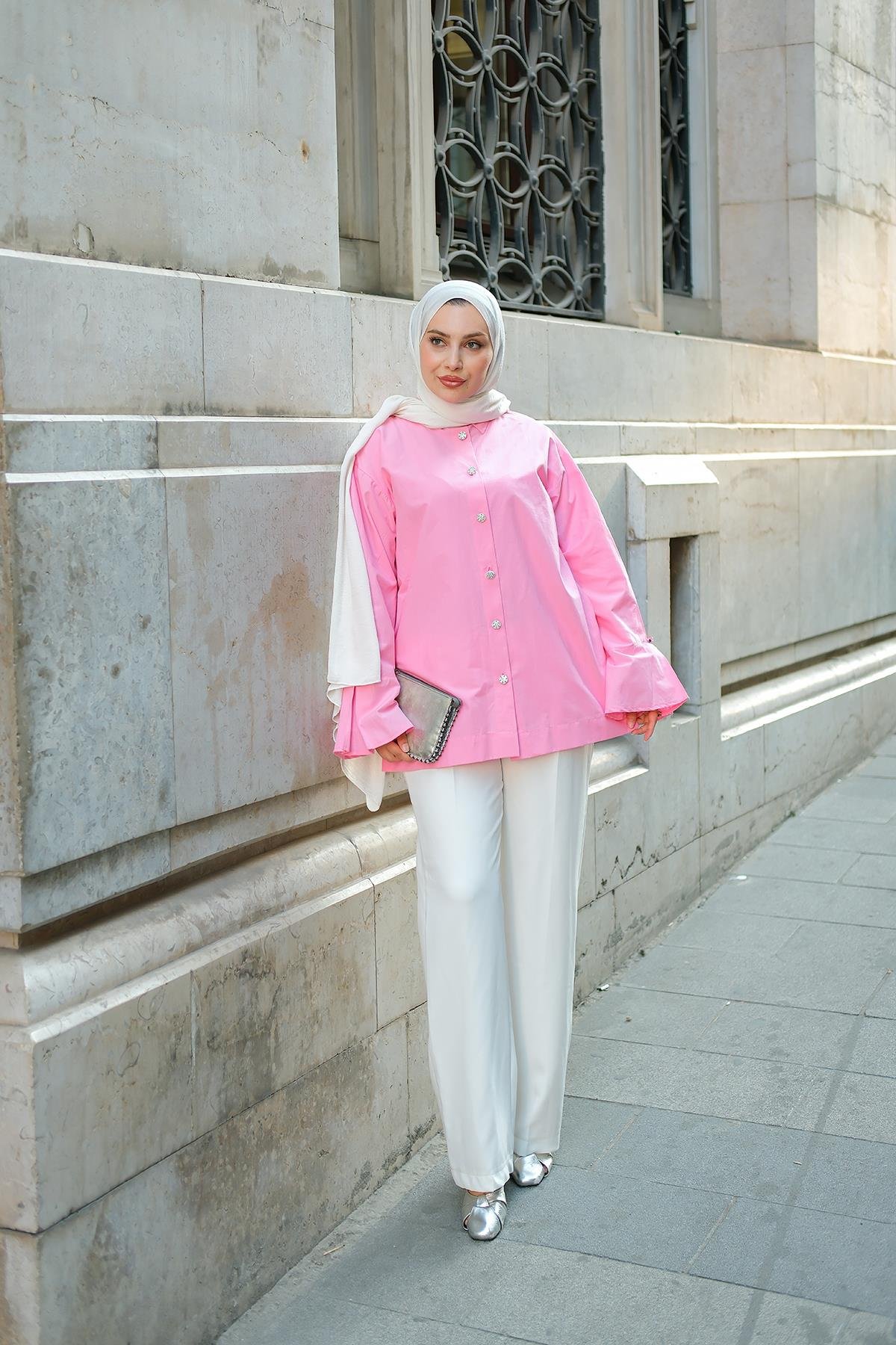 Tasarım Düğme Detaylı Tunik Pembe