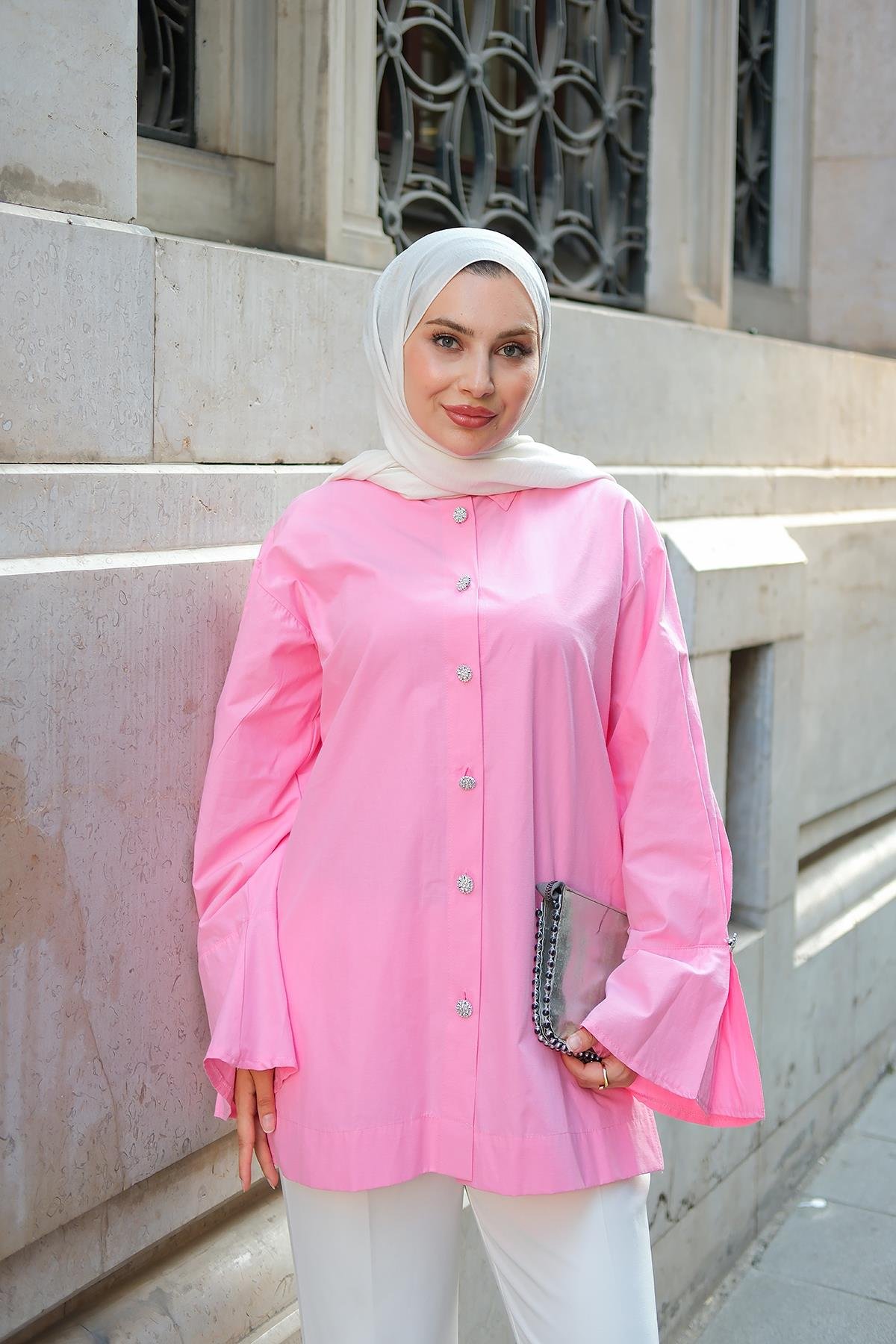 Tasarım Düğme Detaylı Tunik Pembe