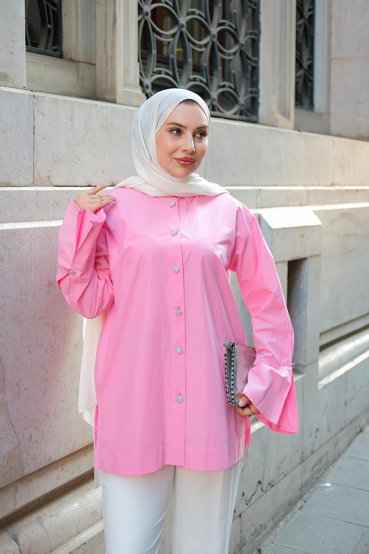 Tasarım Düğme Detaylı Tunik Pembe