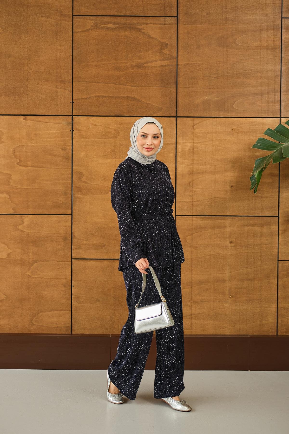 Taşlı Bel Bağlamalı Takım Lacivert