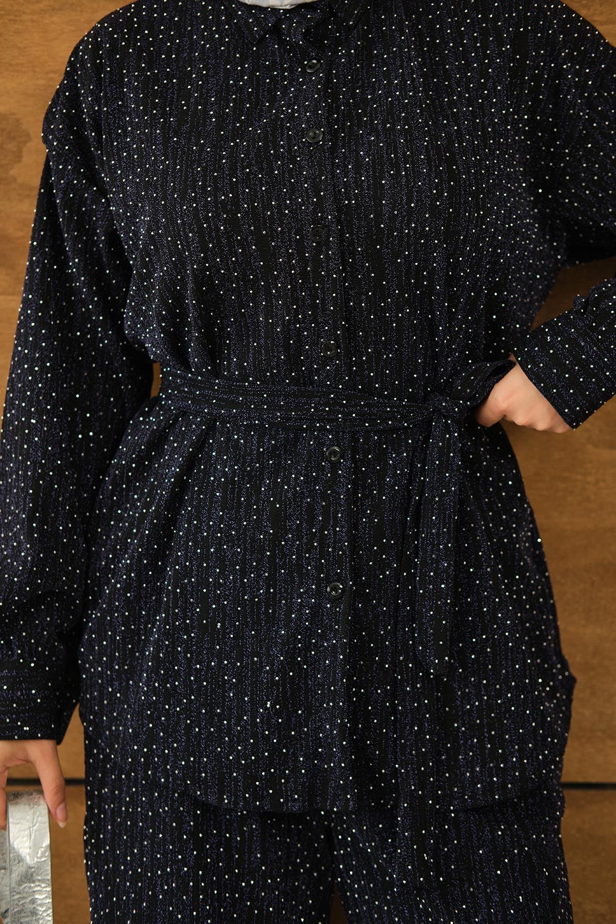 Taşlı Bel Bağlamalı Takım Lacivert