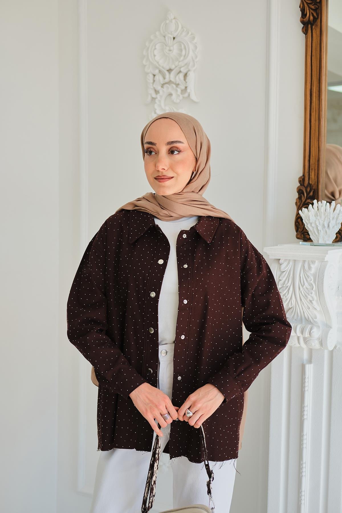 Taşlı Gabardin Gömlek Kahverengi